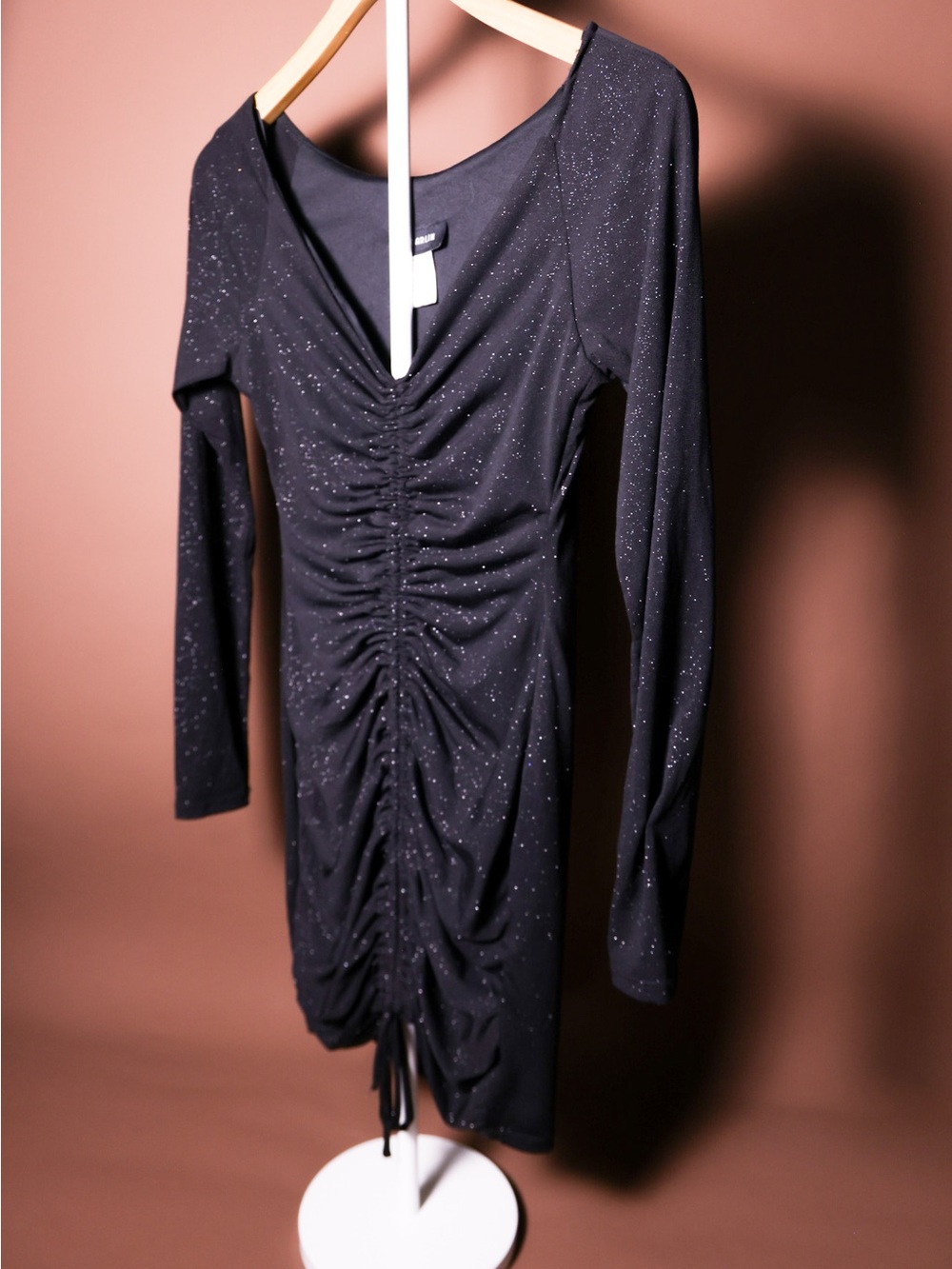B. Darlin Black Glitter Ruched Long Sleeve Bodycon Mini Dress Juniors 5/6